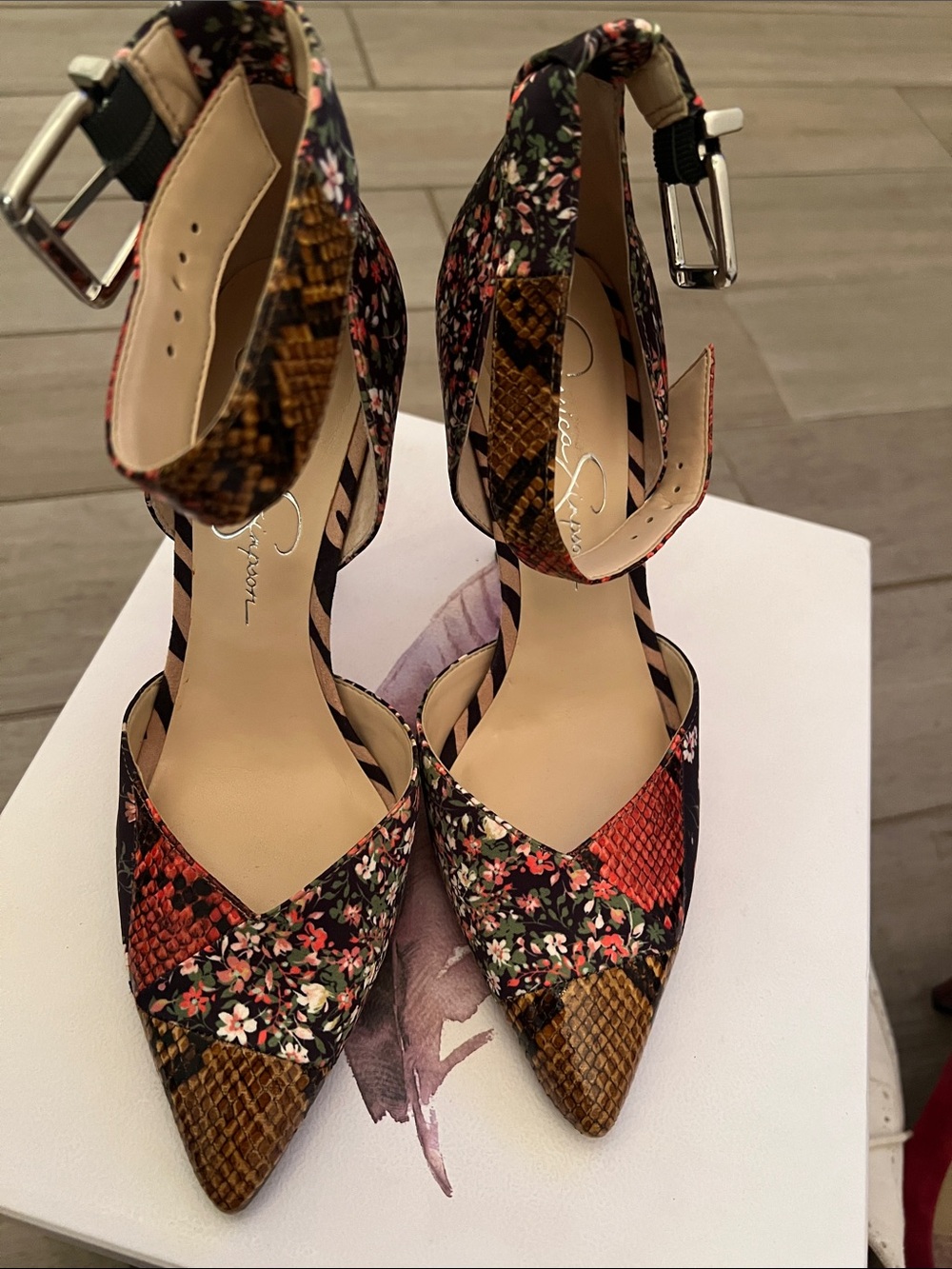 Jessica Simpson Floral & Snakeskin Pointed Ankle-Strap Pumps in Multi-Color